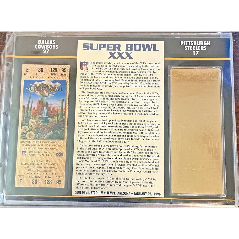 Super Bowl XXX Commemorative Gold Plated Super Bowl Ticket 22KT Willabee & Ward - Picture 5 of 10